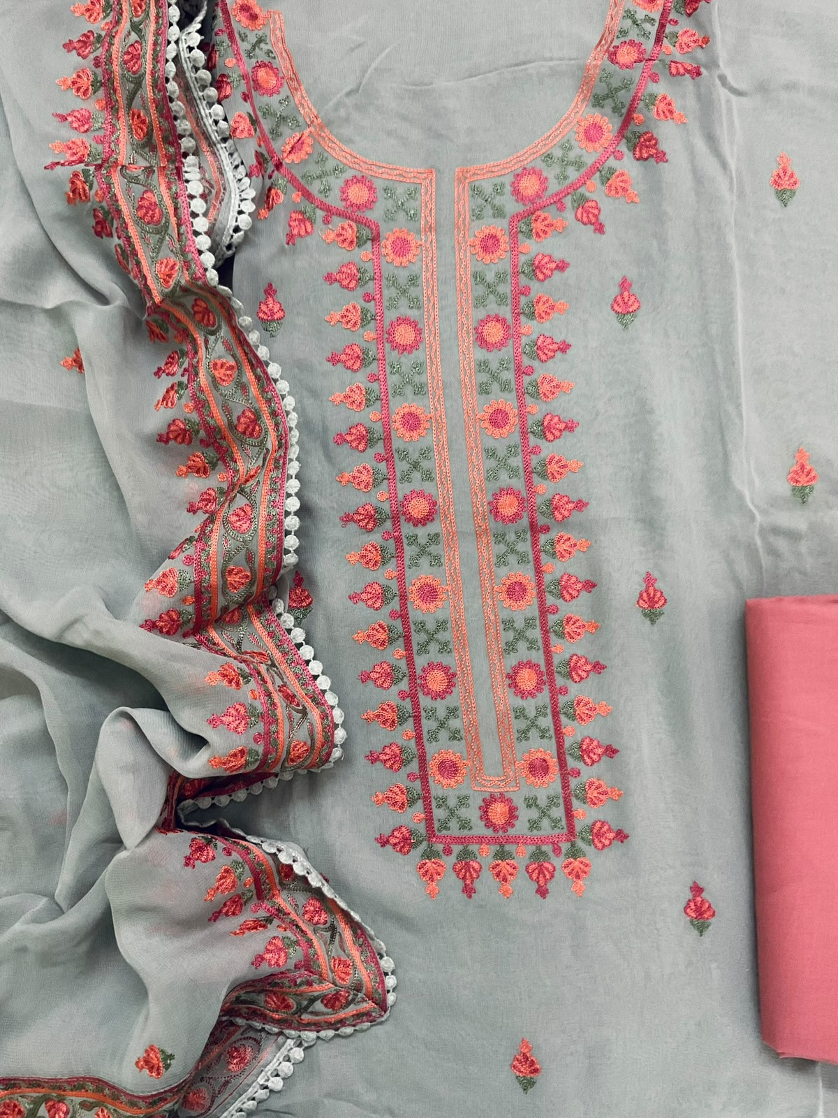 Pure Organza Embroidered Suit - Grey