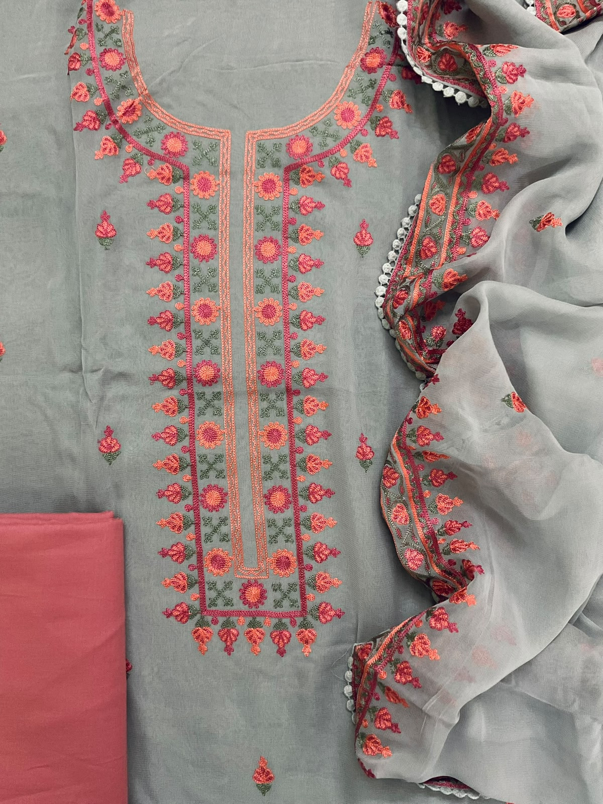 Pure Organza Embroidered Suit - Grey