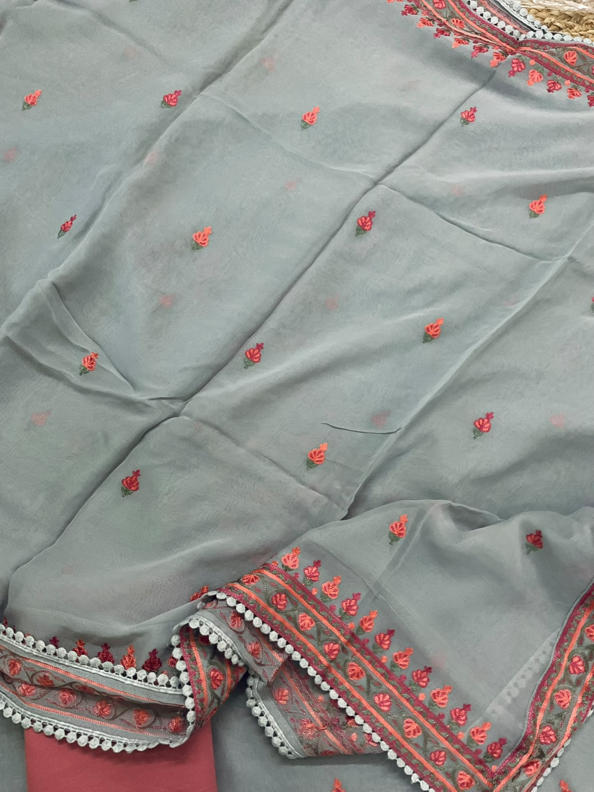 Pure Organza Embroidered Suit - Grey