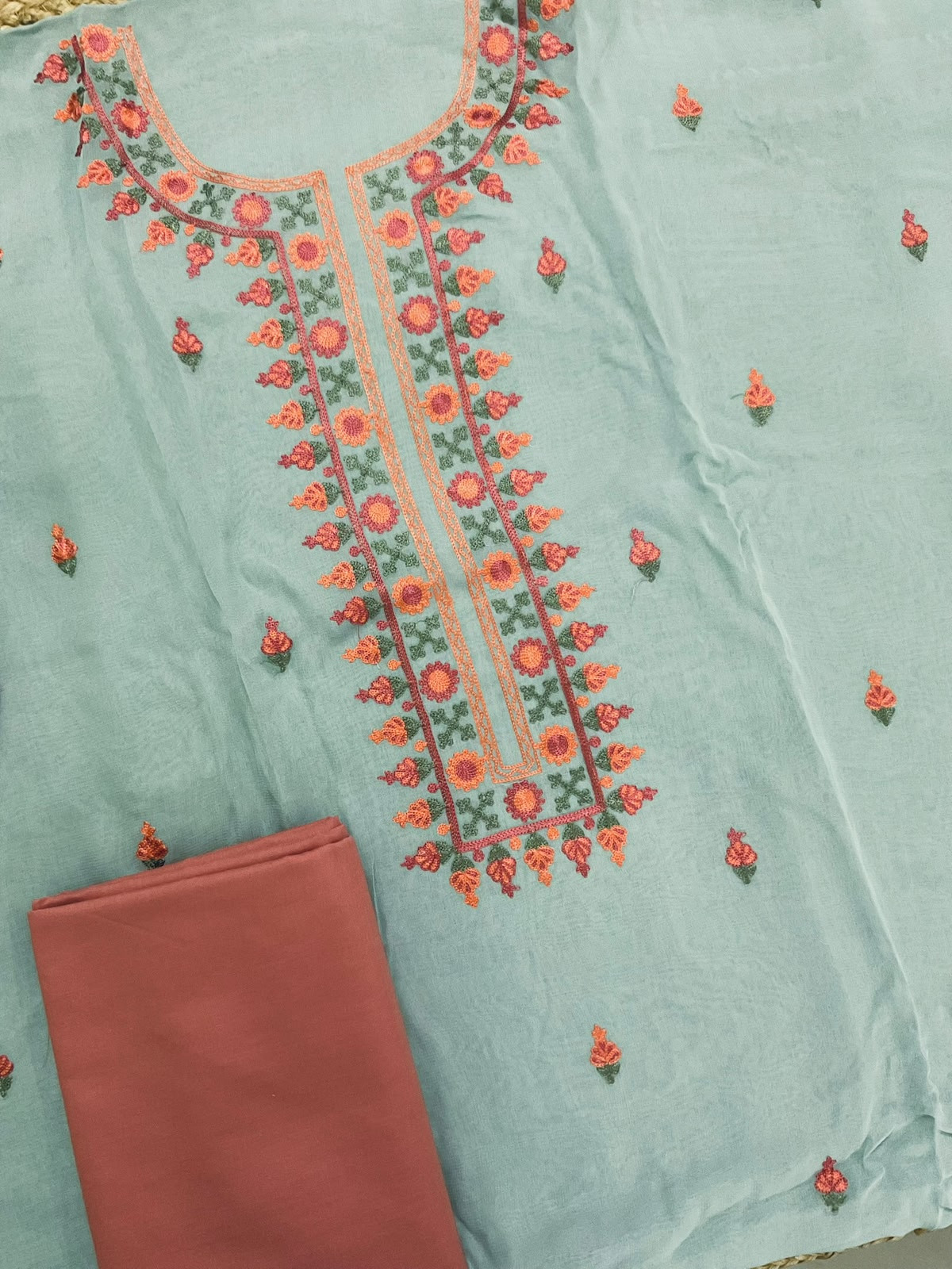 Pure Organza Embroidered Suit - Sea Blue