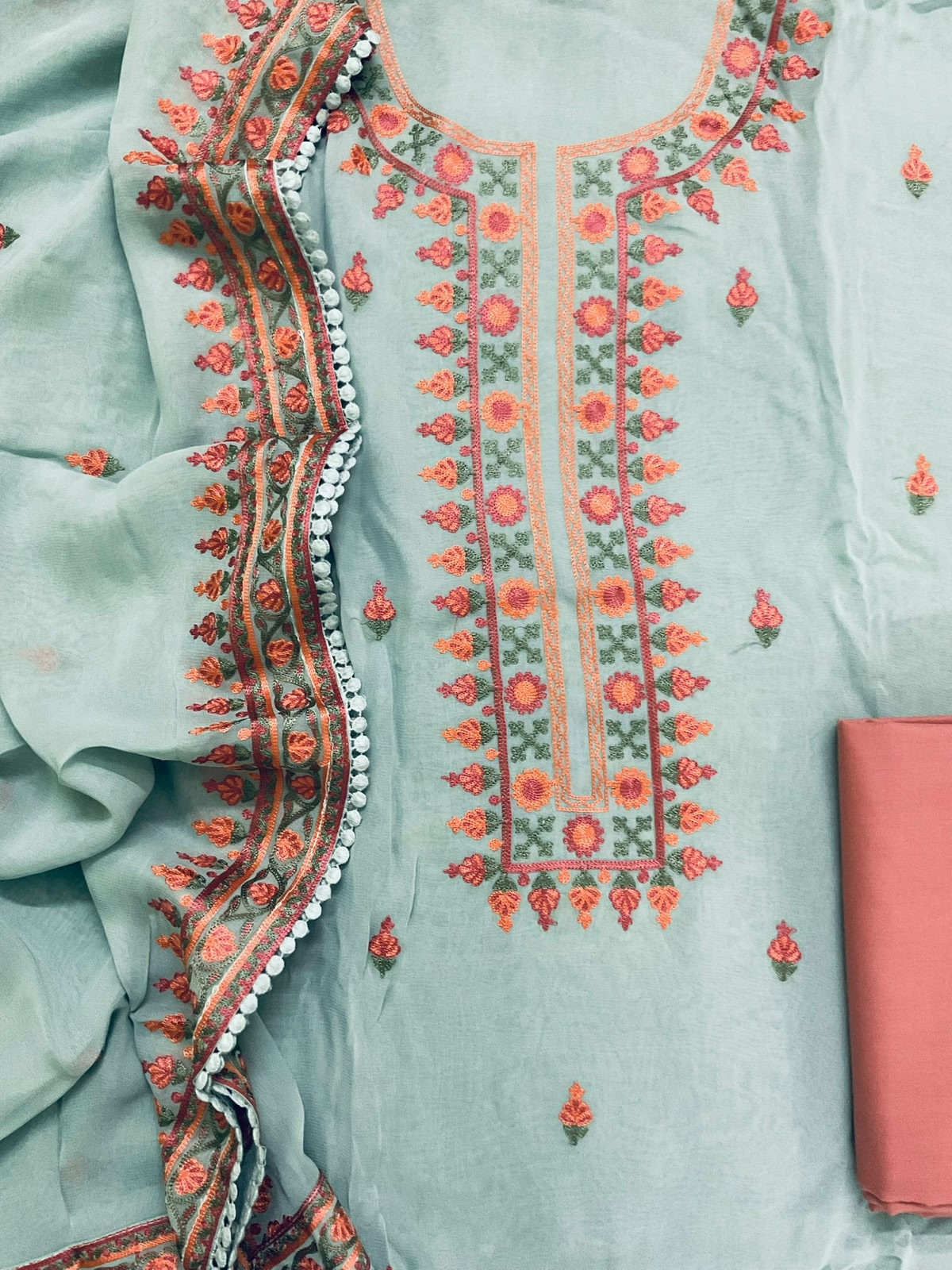 Pure Organza Embroidered Suit - Sea Blue