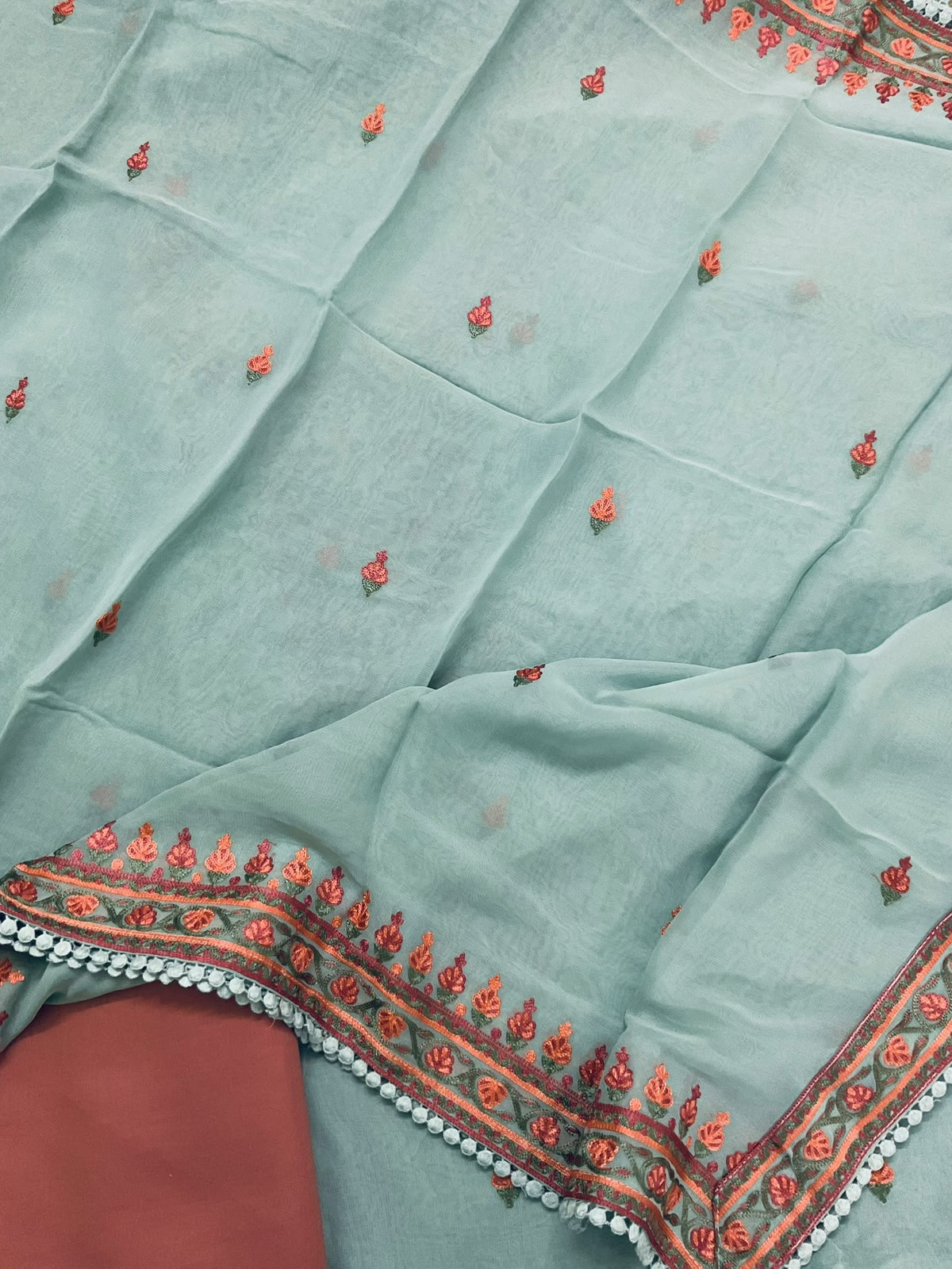 Pure Organza Embroidered Suit - Sea Blue