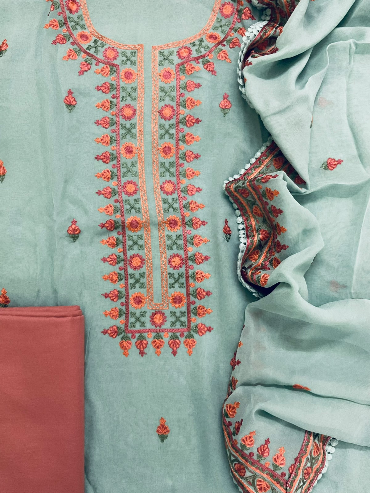 Pure Organza Embroidered Suit - Sea Blue