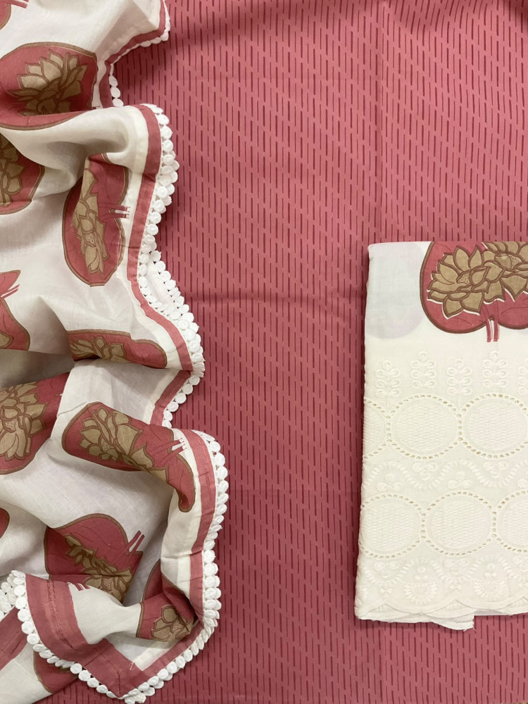 Image of Pure Cotton Printed Embroidered Suit - Pink