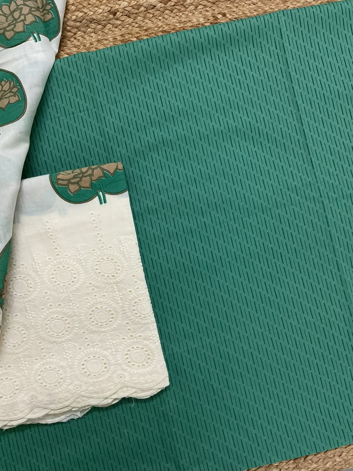 Pure Cotton Printed Embroidered Suit - Green