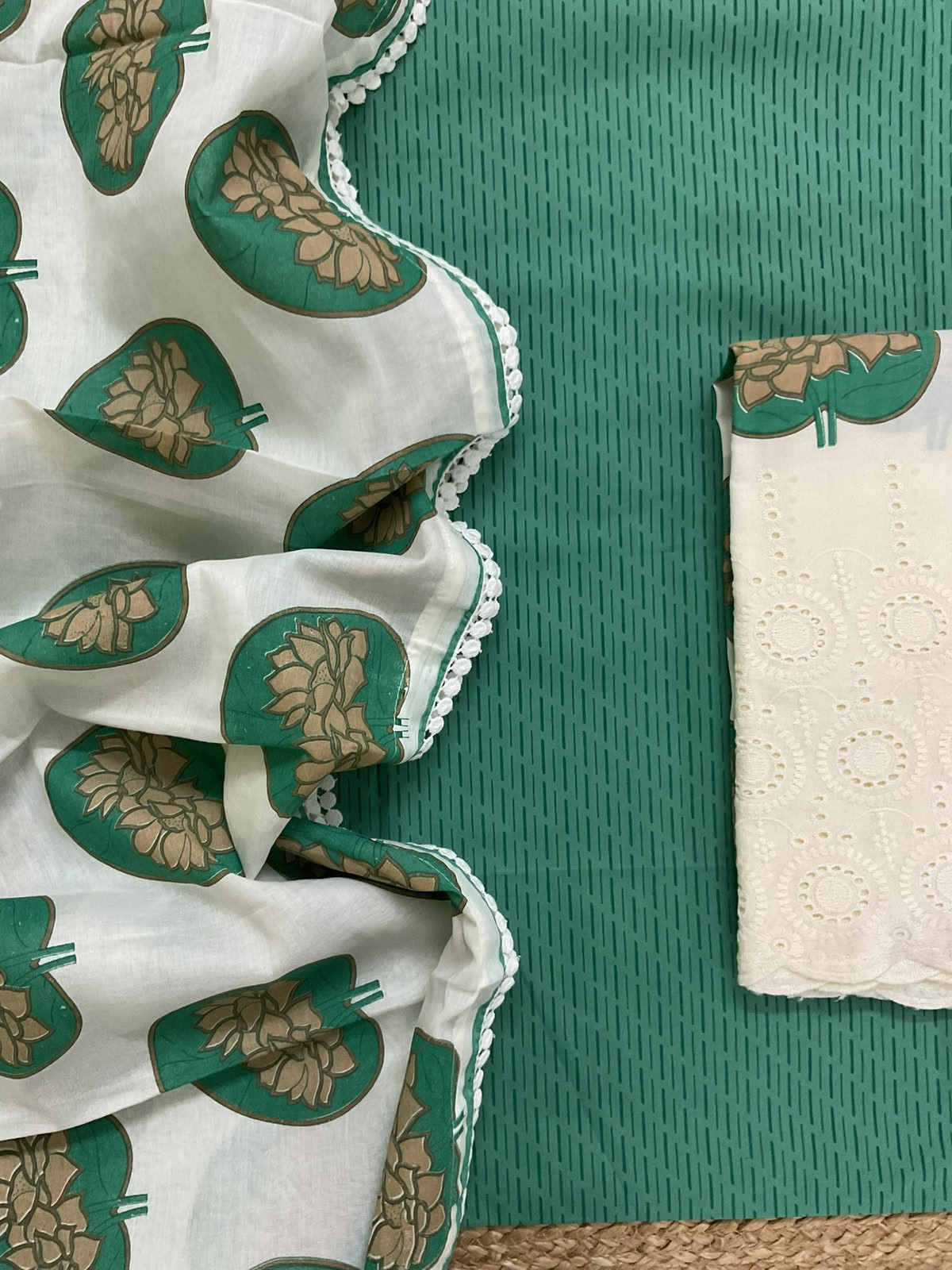 Pure Cotton Printed Embroidered Suit - Green