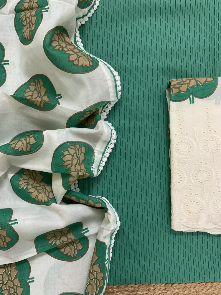 Image of Pure Cotton Printed Embroidered Suit - Green