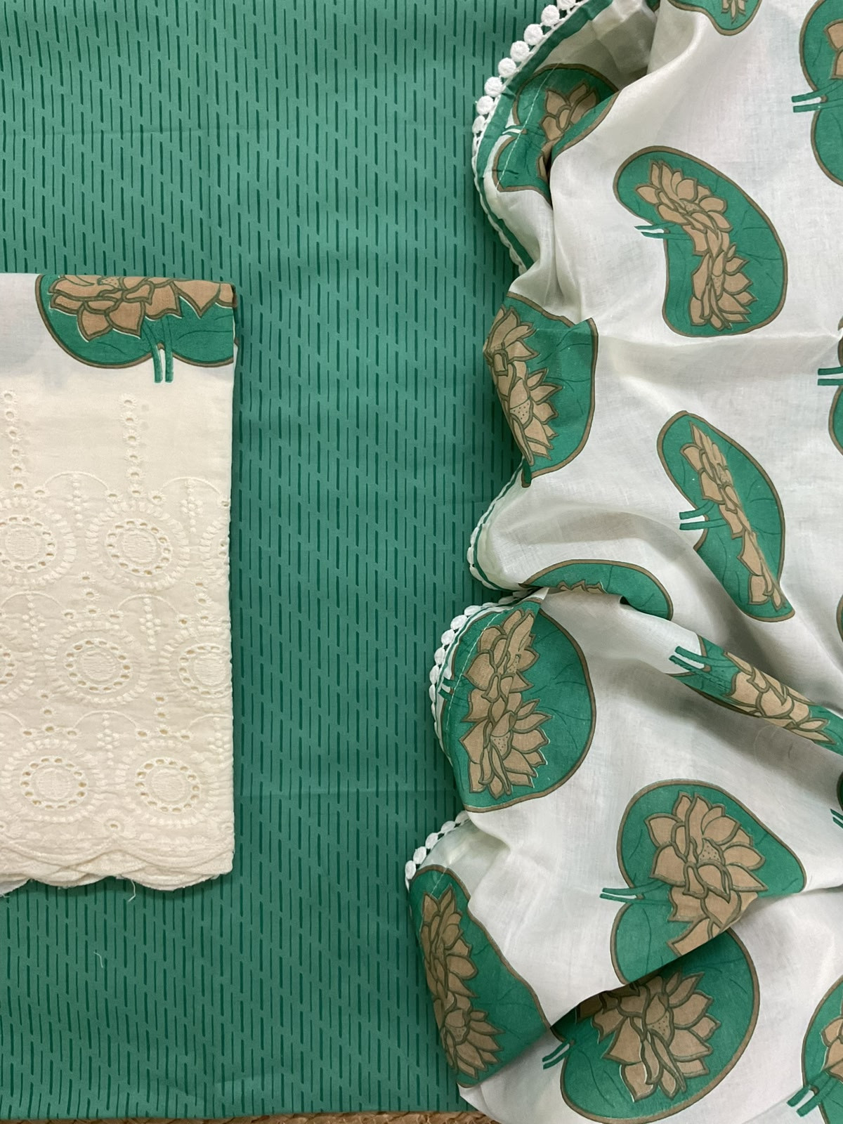 Pure Cotton Printed Embroidered Suit - Green