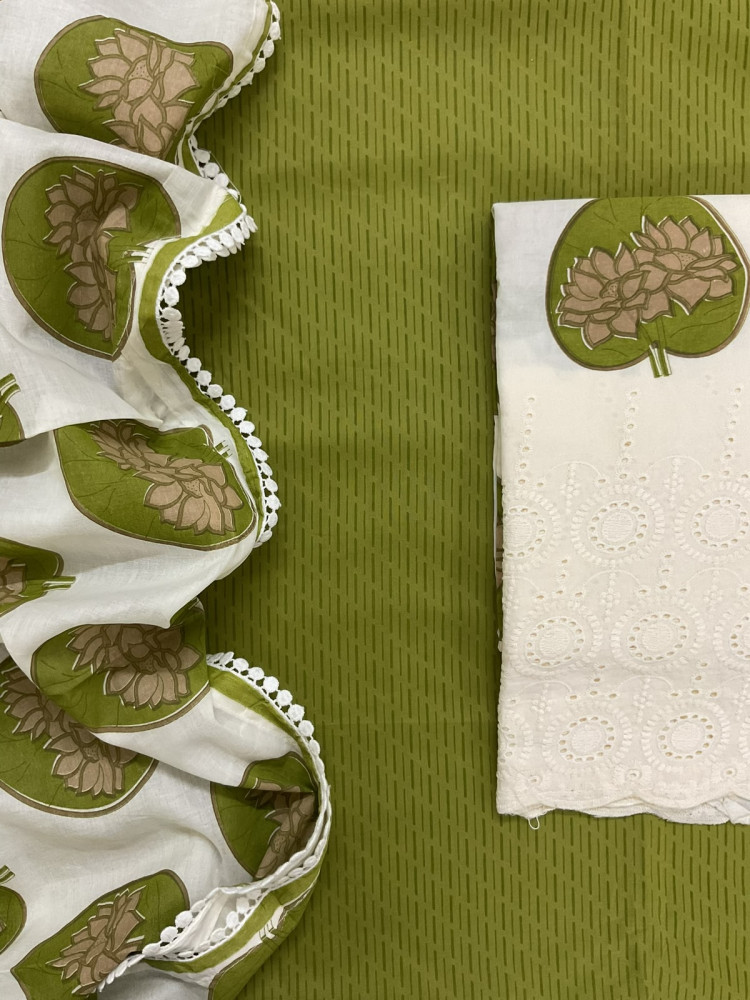 Image of Pure Cotton Printed Embroidered Suit - Green