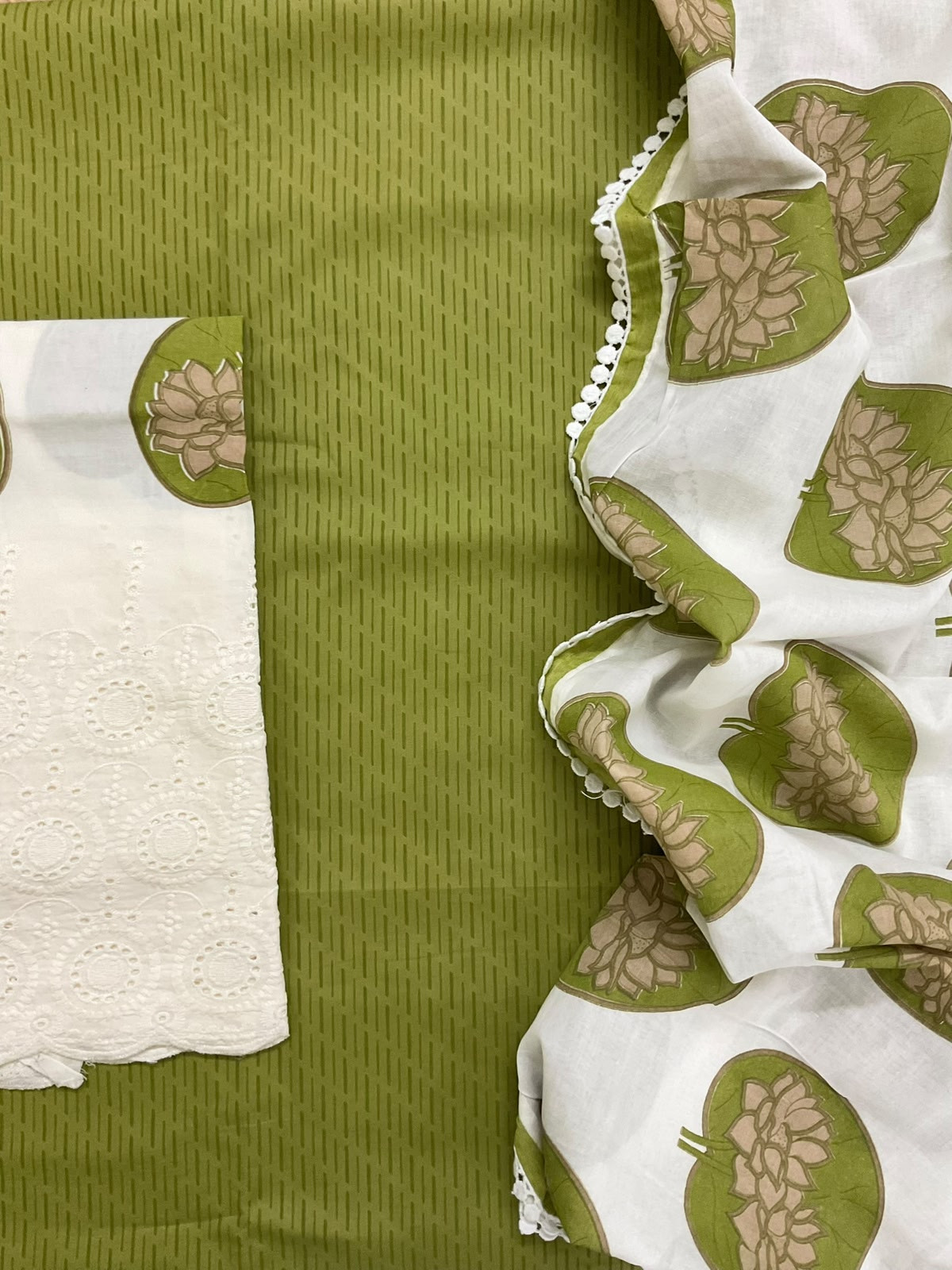 Pure Cotton Printed Embroidered Suit - Green