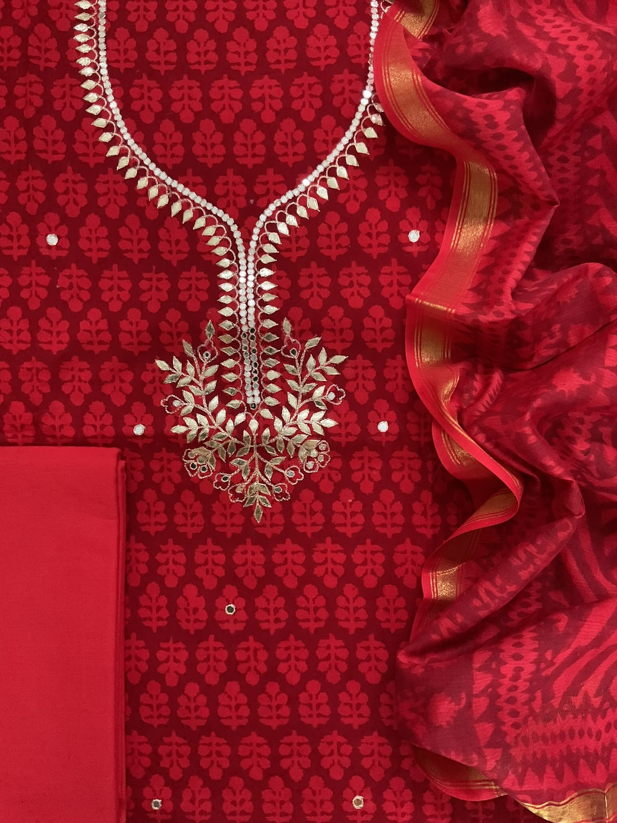 Pure Cotton Printed Embroidered Suit - Red