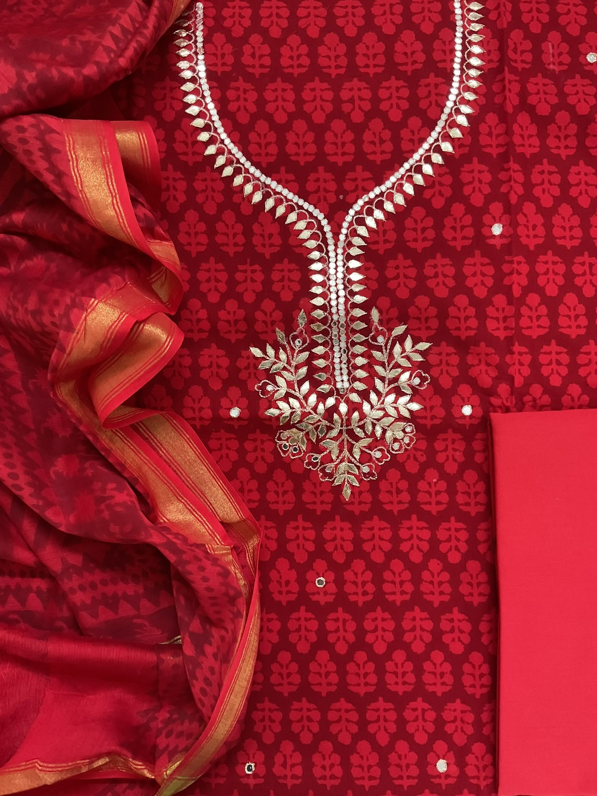 Pure Cotton Printed Embroidered Suit - Red