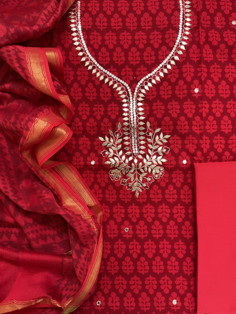 Image of Pure Cotton Printed Embroidered Suit - Red