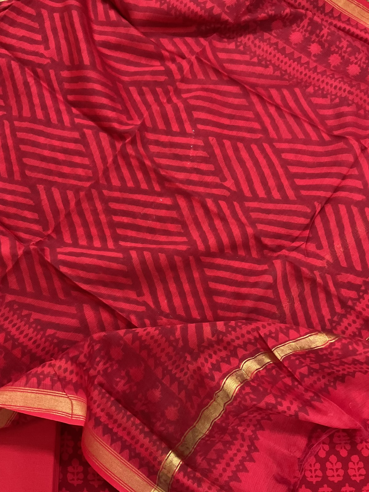 Pure Cotton Printed Embroidered Suit - Red