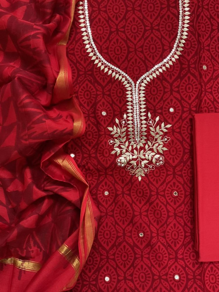 Image of Pure Cotton Printed Embroidered Suit - Red