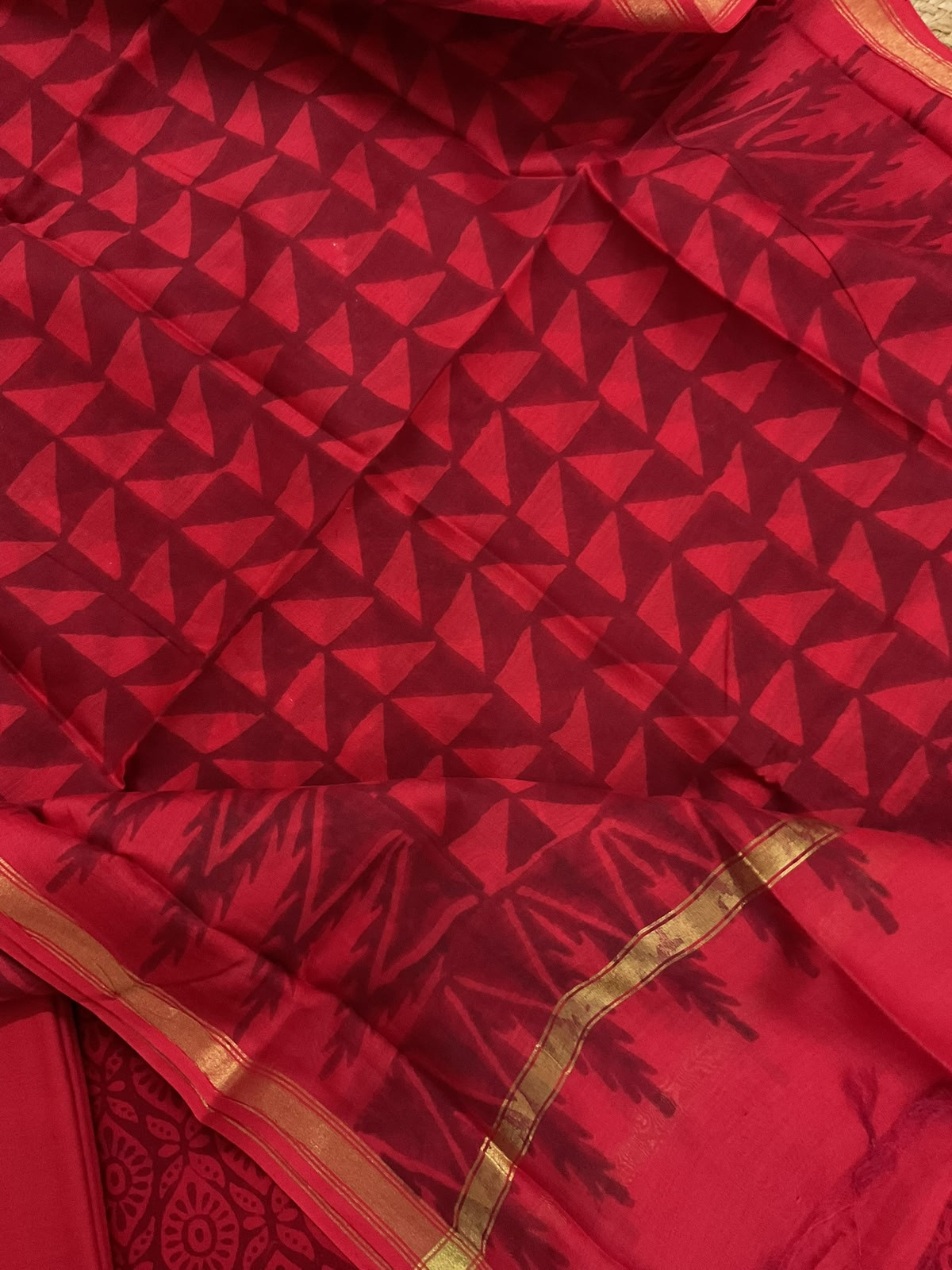 Pure Cotton Printed Embroidered Suit - Red