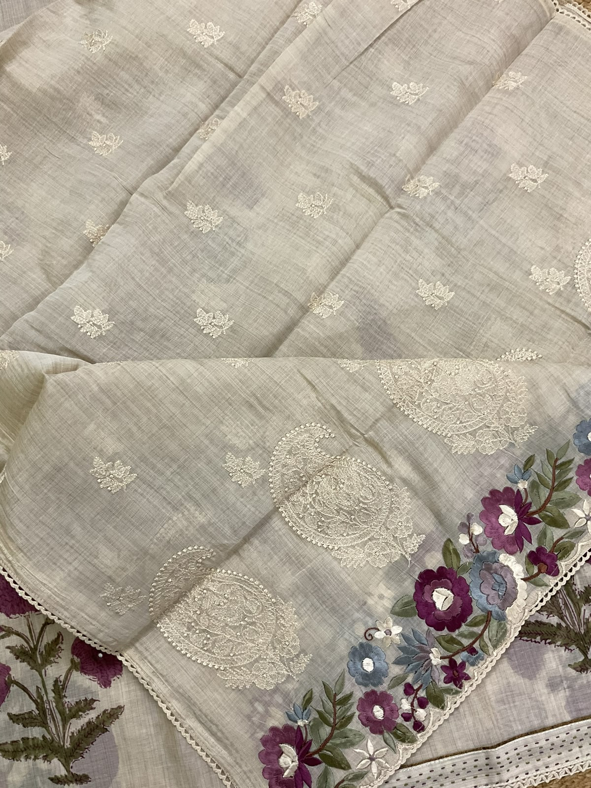 Soft Slub Chanderi Printed Embroidered Suit - Beige