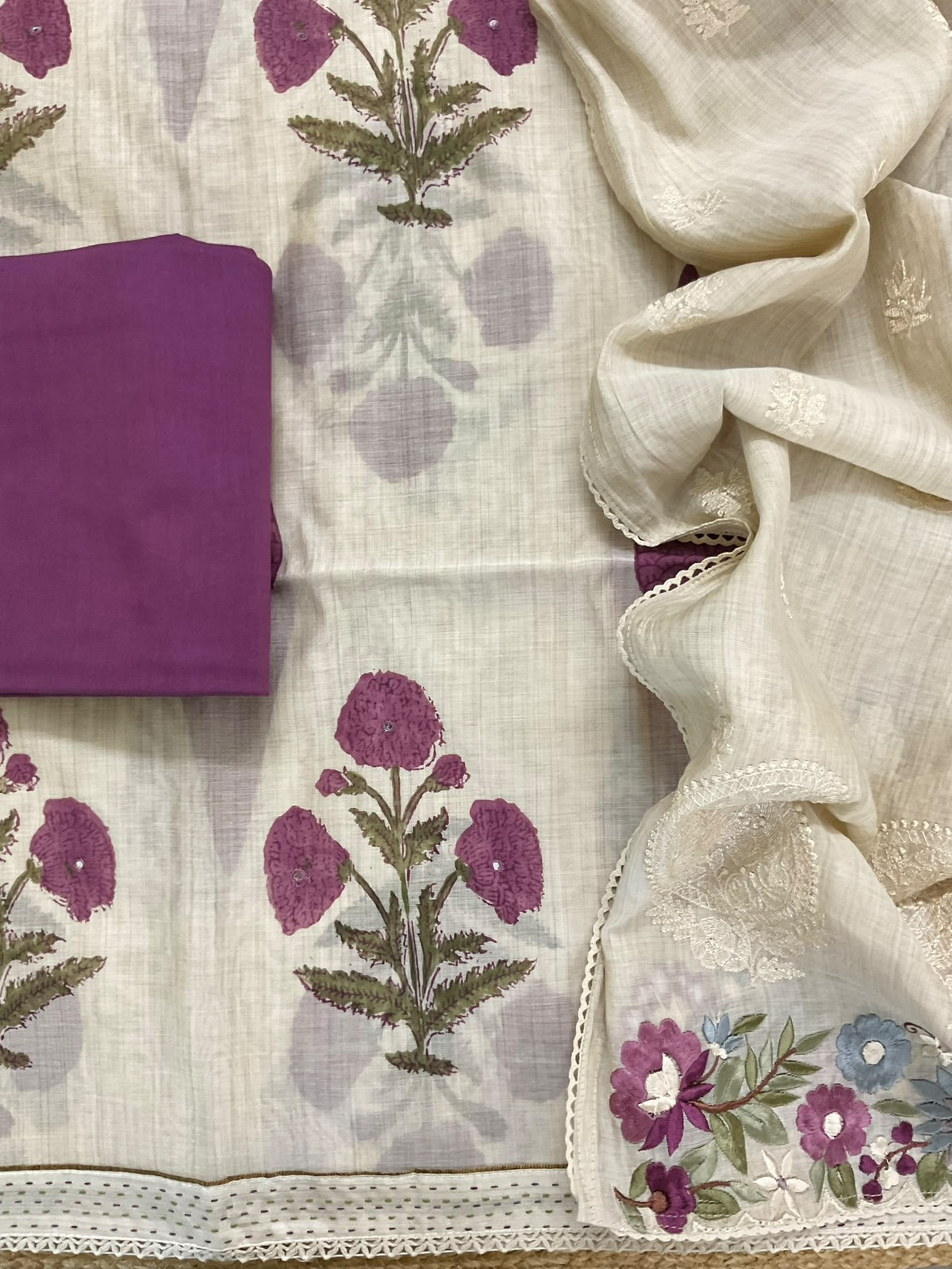 Soft Slub Chanderi Printed Embroidered Suit - Beige