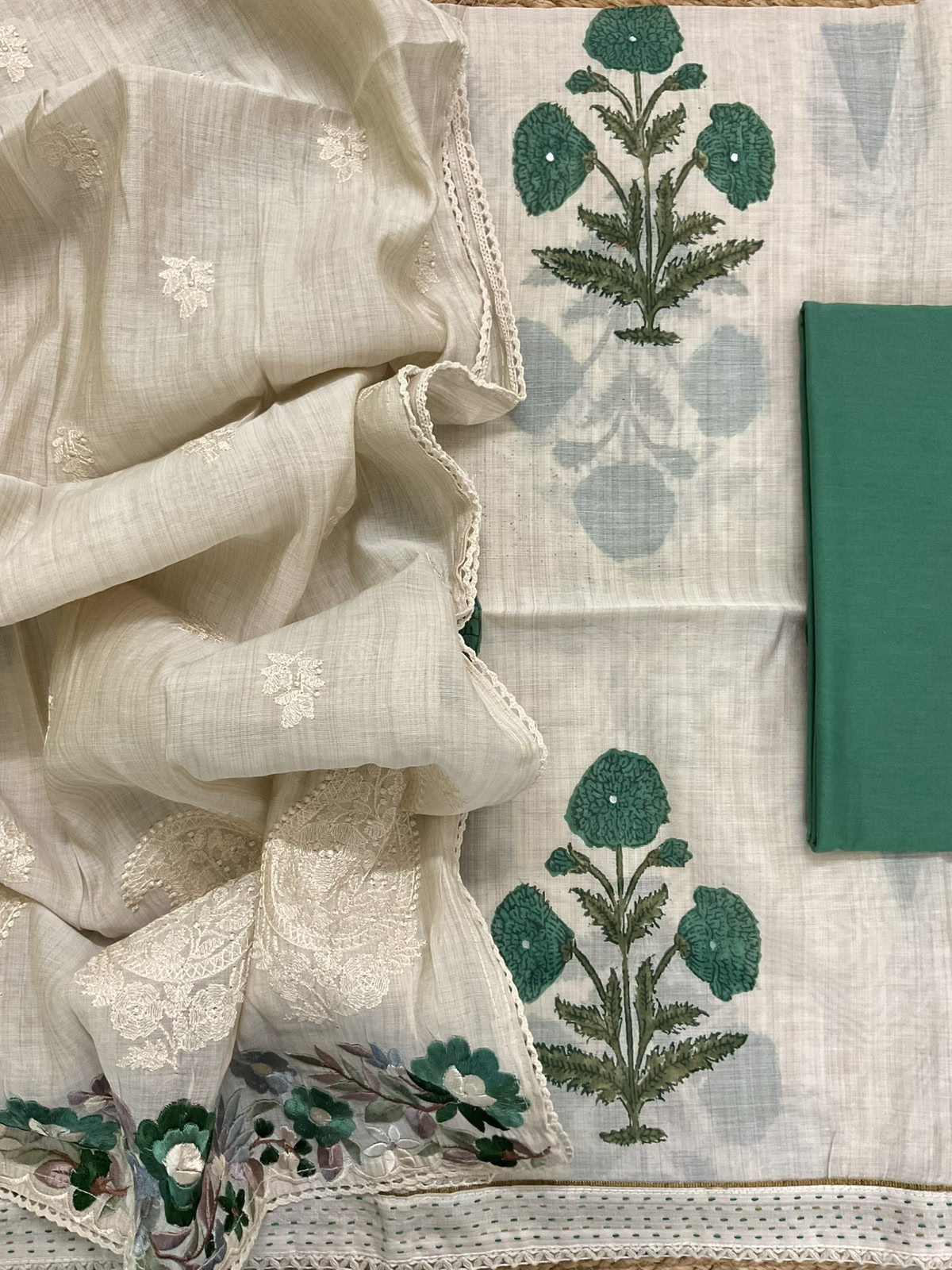 Soft Slub Chanderi Printed Embroidered Suit - Beige