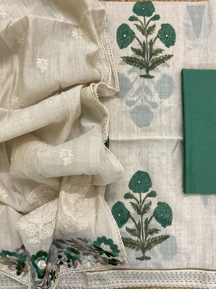 Image of Soft Slub Chanderi Printed Embroidered Suit - Beige