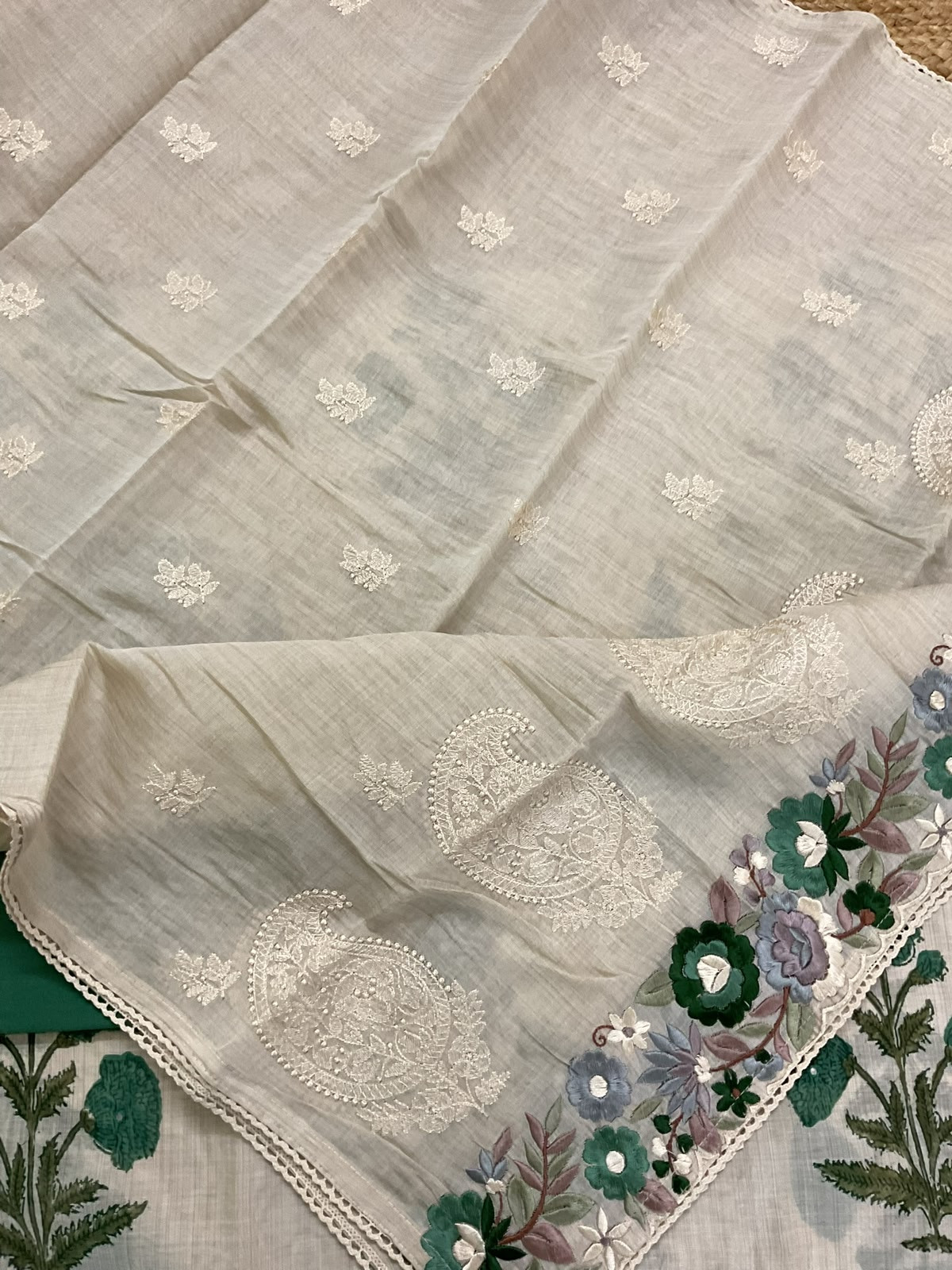 Soft Slub Chanderi Printed Embroidered Suit - Beige