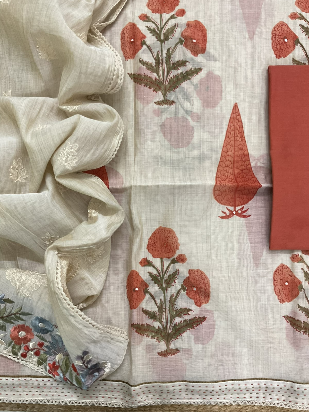 Soft Slub Chanderi Printed Embroidered Suit - Beige