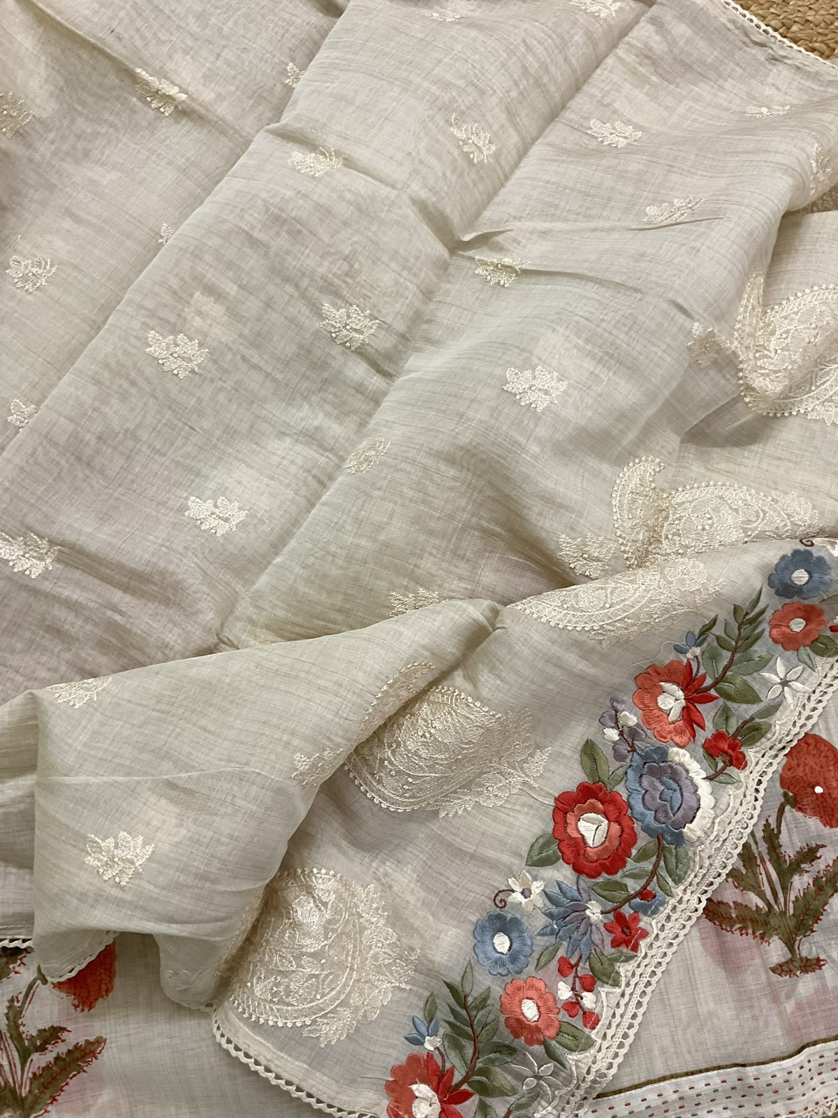 Soft Slub Chanderi Printed Embroidered Suit - Beige