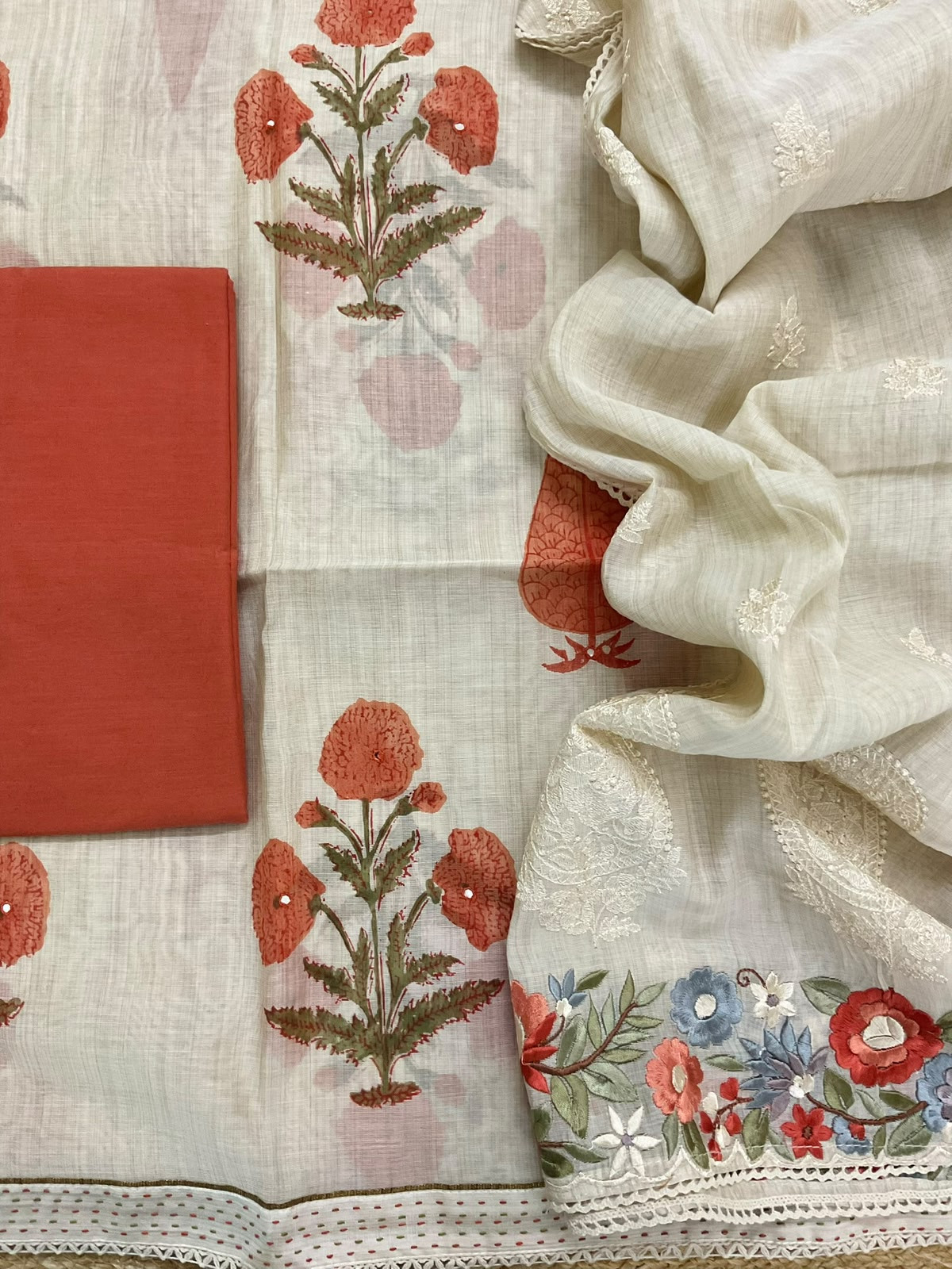 Soft Slub Chanderi Printed Embroidered Suit - Beige