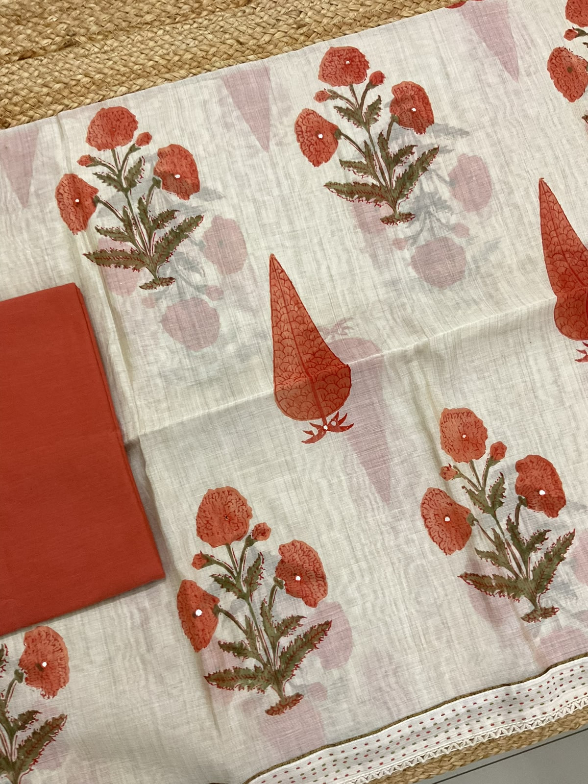 Soft Slub Chanderi Printed Embroidered Suit - Beige