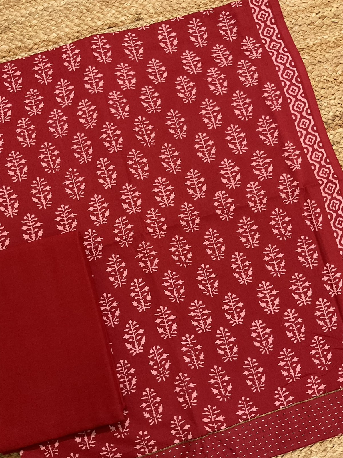 Pure Cotton Printed Self Weaved Embroidered Border Suit - Red
