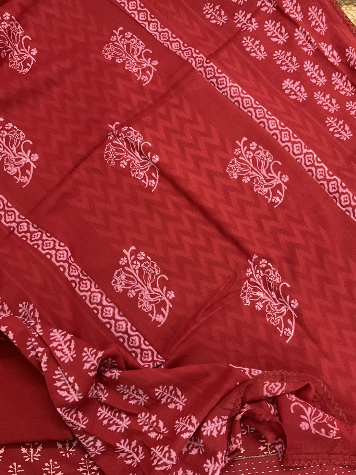 Pure Cotton Printed Self Weaved Embroidered Border Suit - Red
