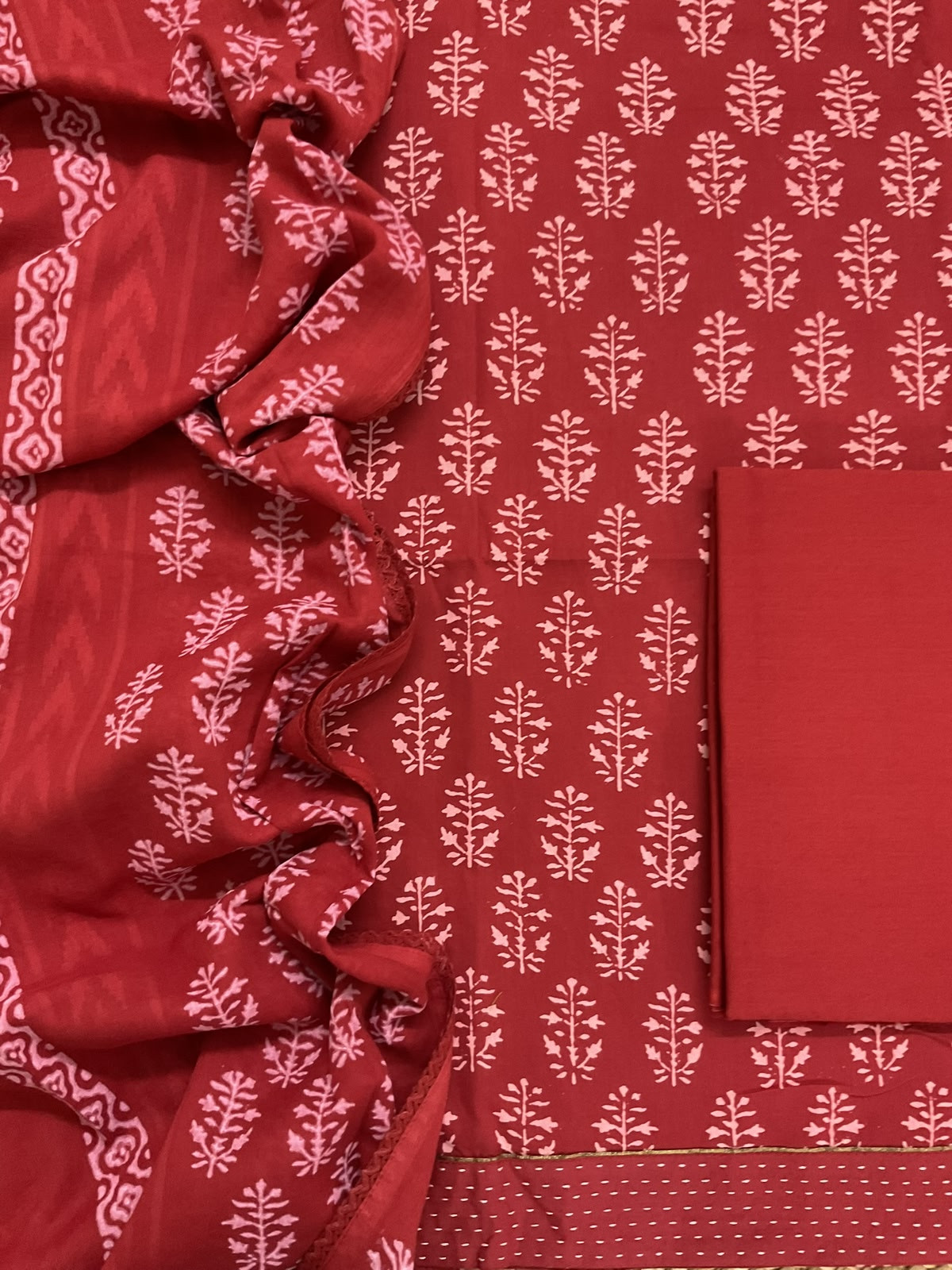 Pure Cotton Printed Self Weaved Embroidered Border Suit - Red
