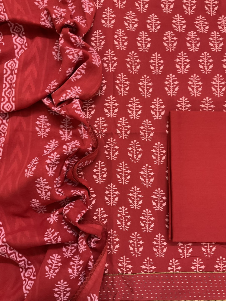 Image of Pure Cotton Printed Self Weaved Embroidered Border Suit - Red