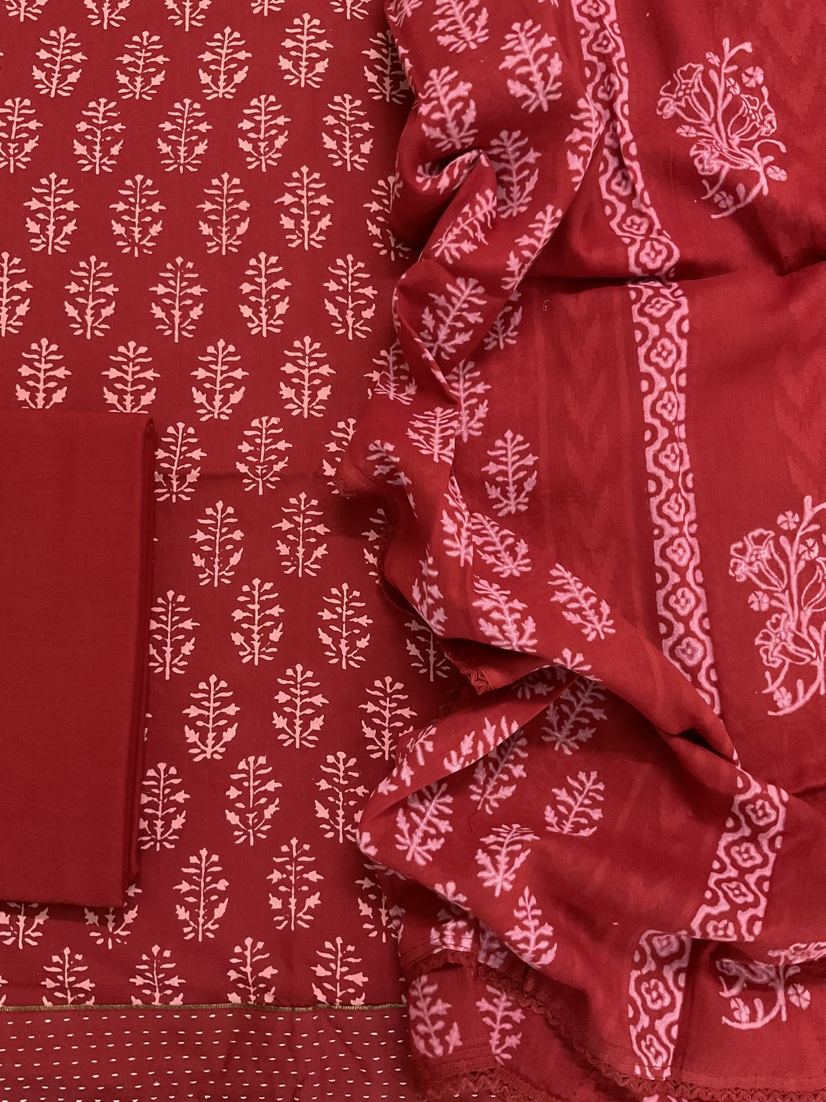 Pure Cotton Printed Self Weaved Embroidered Border Suit - Red