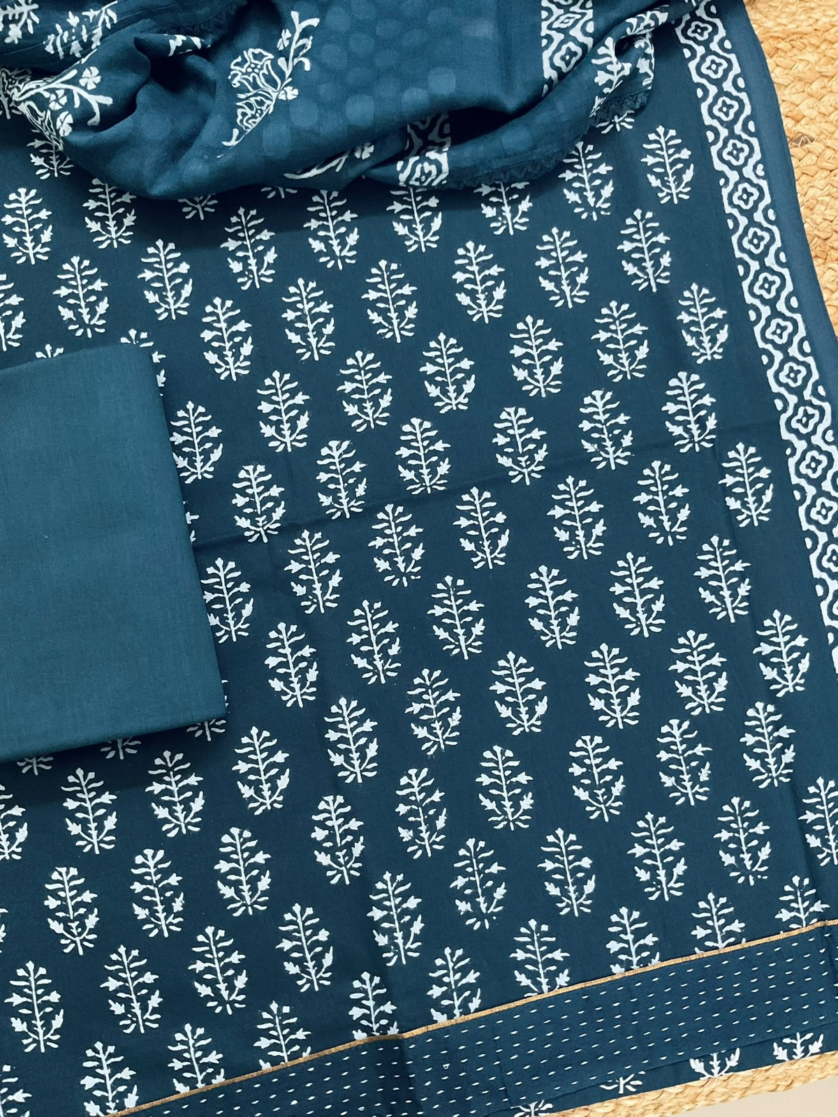 Pure Cotton Printed Self Weaved Embroidered Border Suit - Blue
