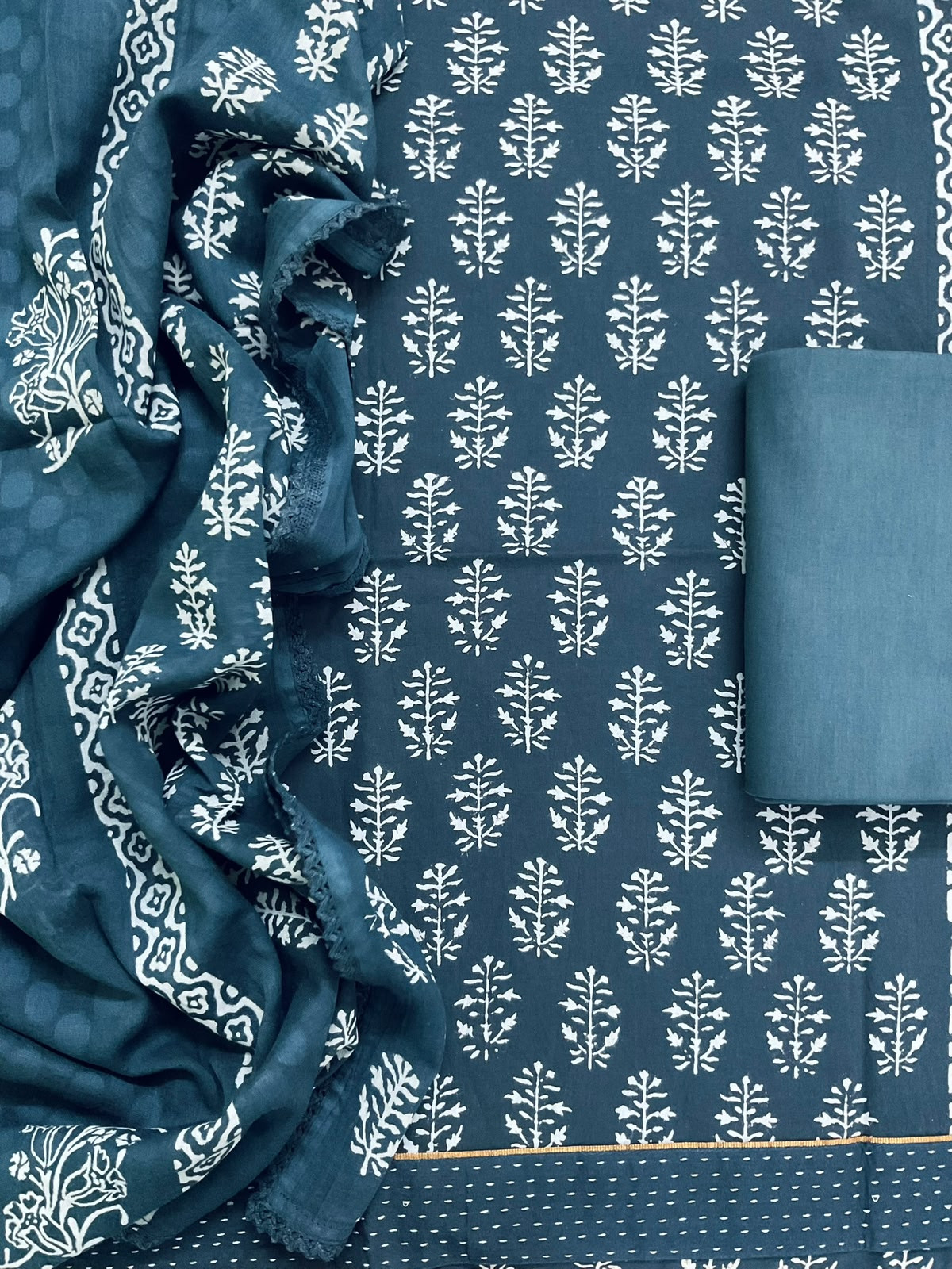 Pure Cotton Printed Self Weaved Embroidered Border Suit - Blue