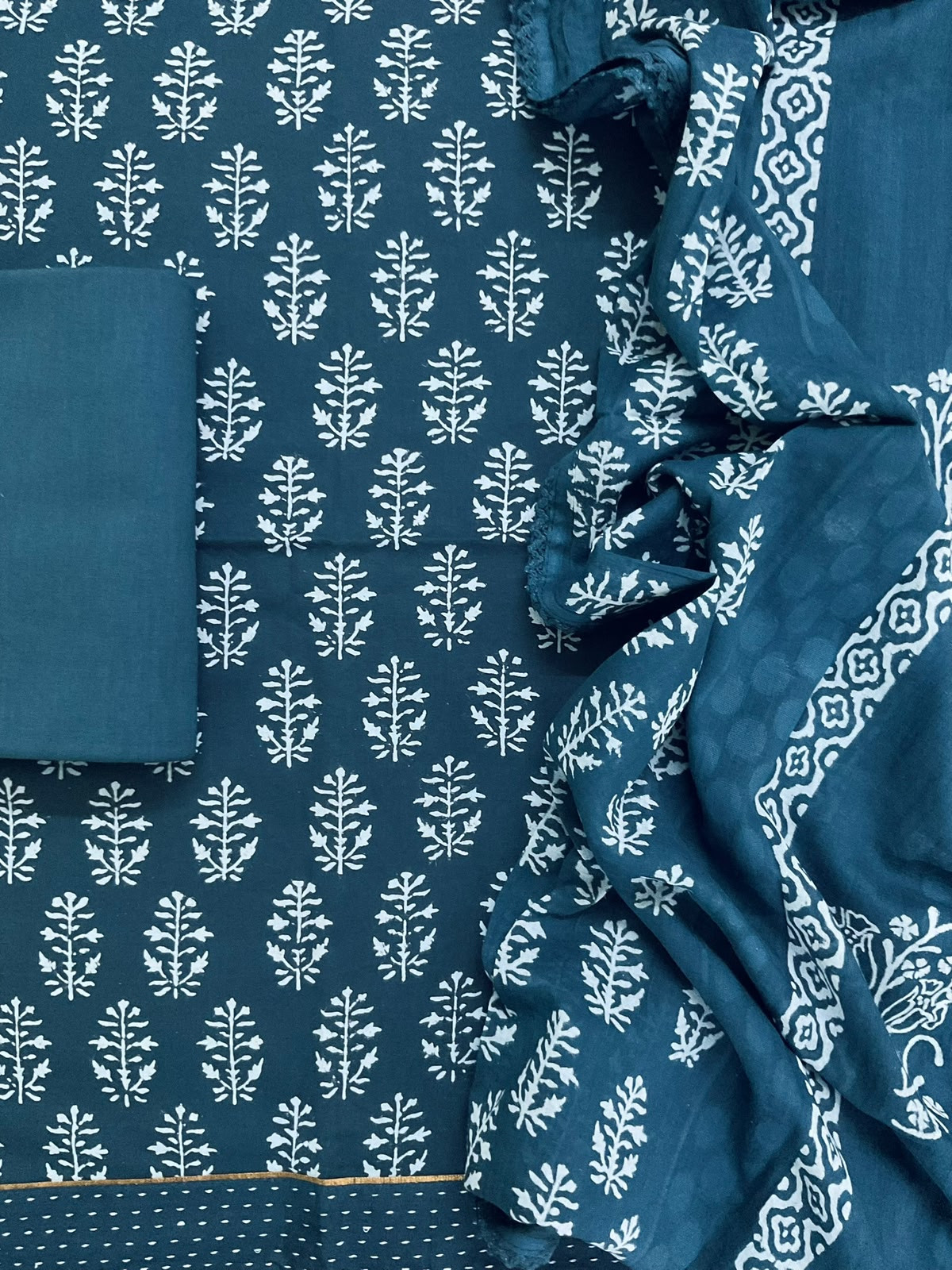Pure Cotton Printed Self Weaved Embroidered Border Suit - Blue