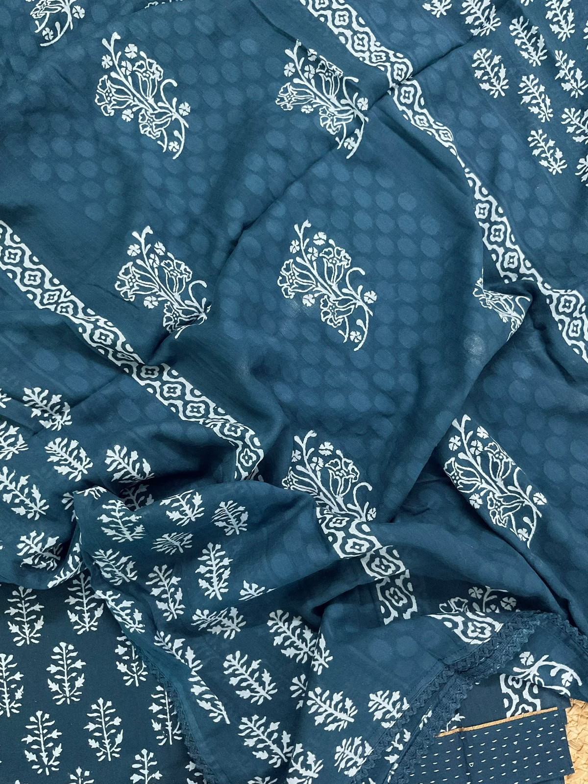 Pure Cotton Printed Self Weaved Embroidered Border Suit - Blue
