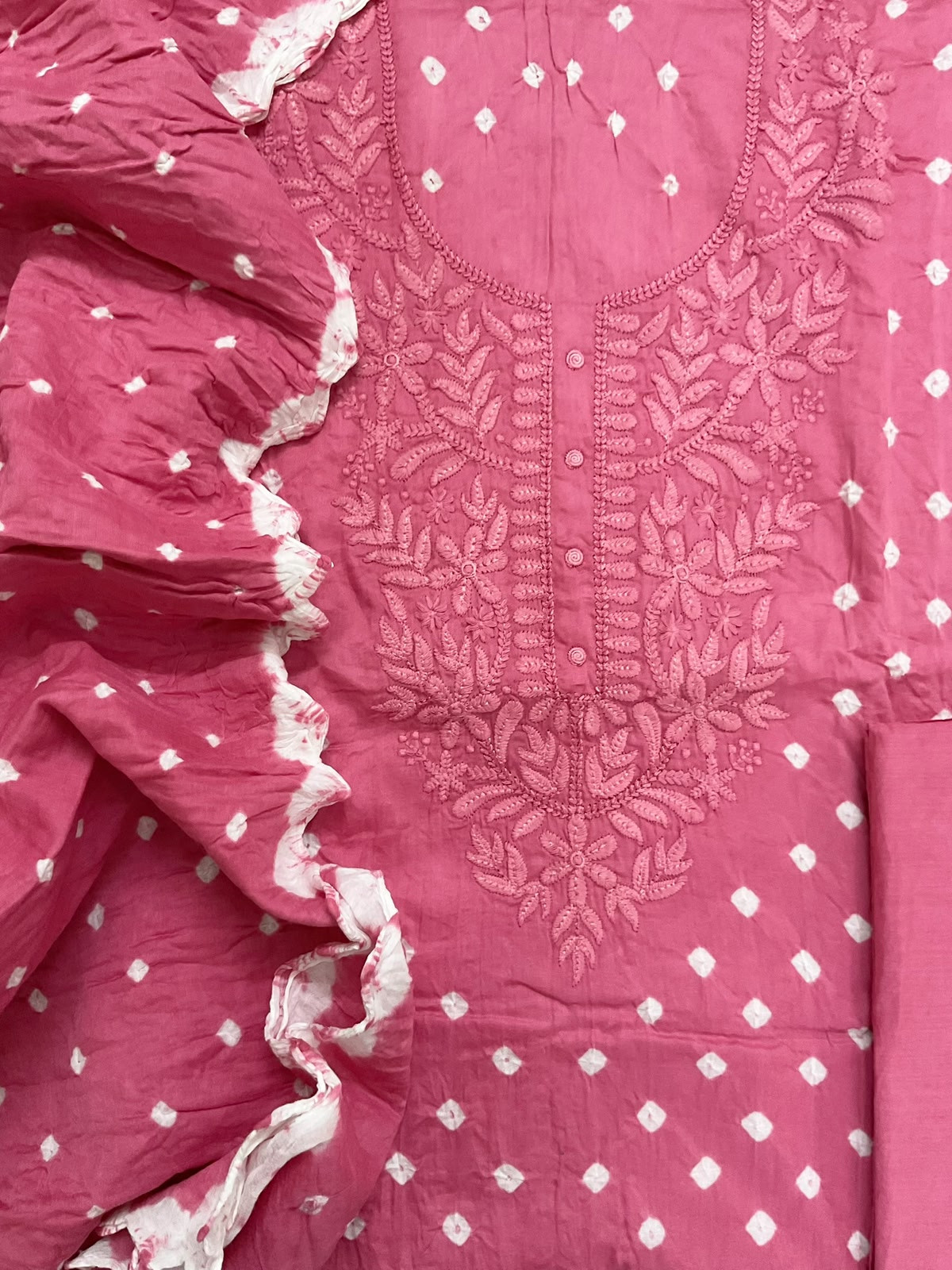 Pure Jaam Cotton Bandhani Printed Embroidered Suit - Pink