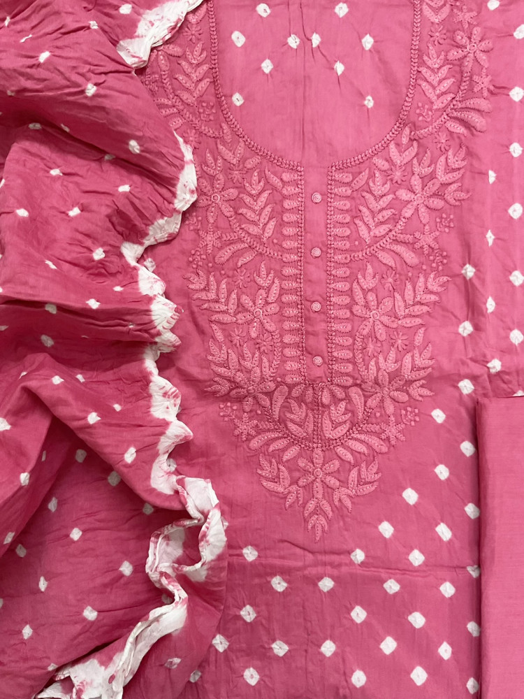 Image of Pure Jaam Cotton Bandhani Printed Embroidered Suit - Pink