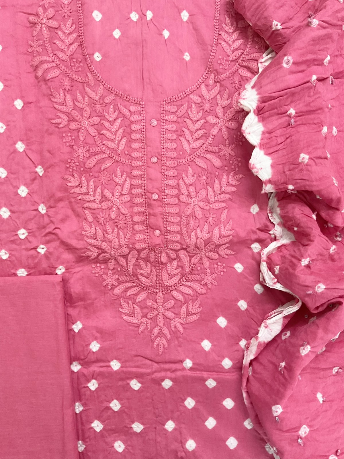 Pure Jaam Cotton Bandhani Printed Embroidered Suit - Pink