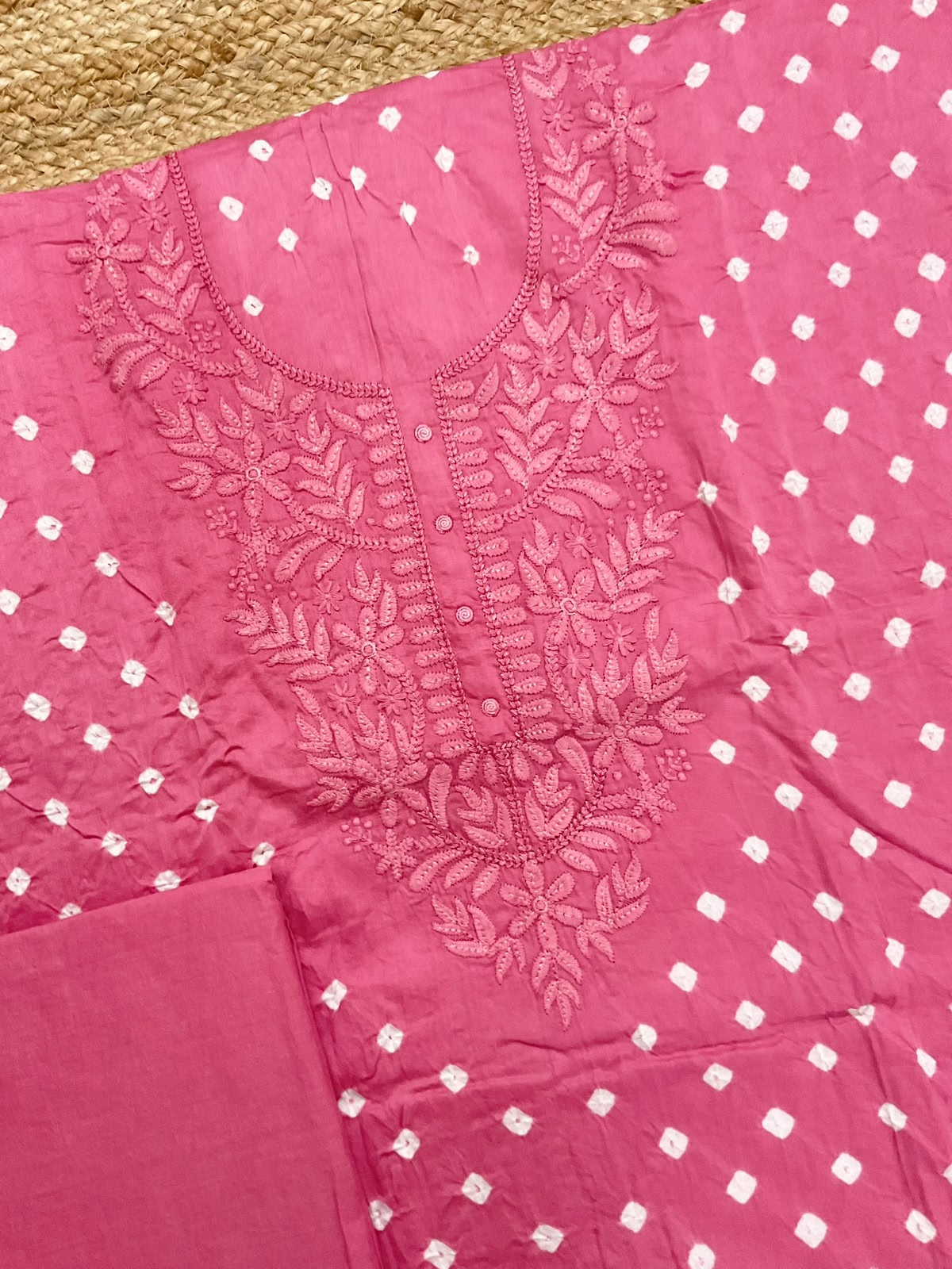 Pure Jaam Cotton Bandhani Printed Embroidered Suit - Pink