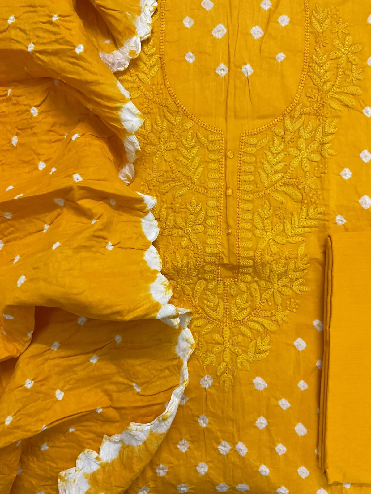 Pure Jaam Cotton Bandhani Printed Embroidered Suit - Yellow