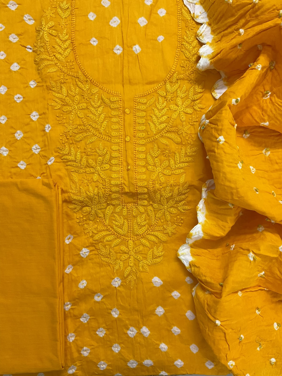 Pure Jaam Cotton Bandhani Printed Embroidered Suit - Yellow