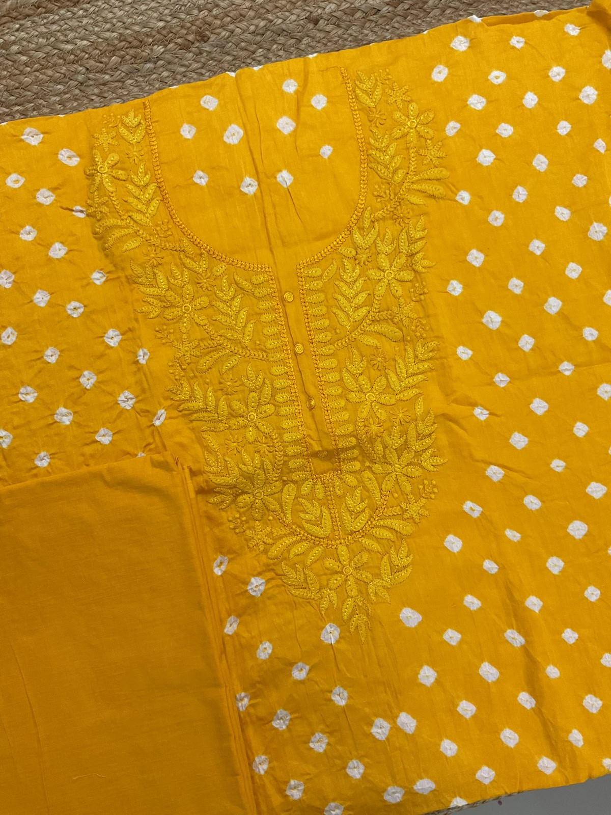Pure Jaam Cotton Bandhani Printed Embroidered Suit - Yellow