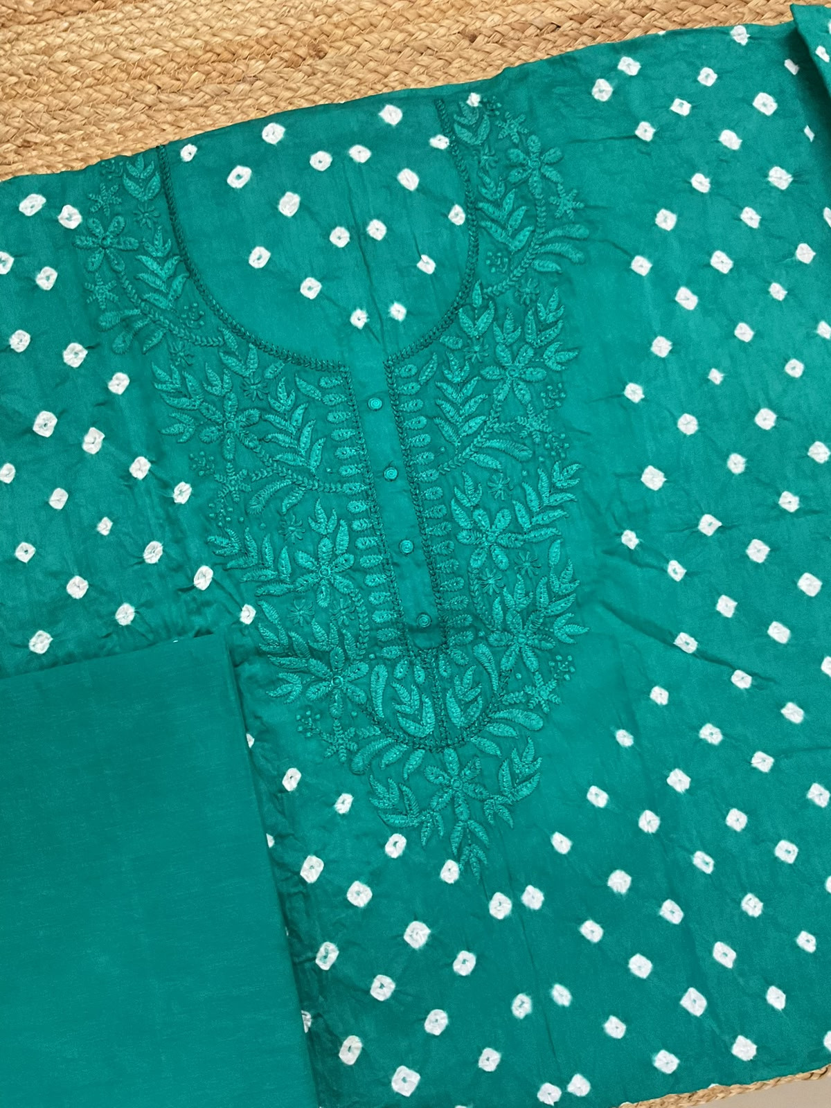 Pure Jaam Cotton Bandhani Printed Embroidered Suit - Green