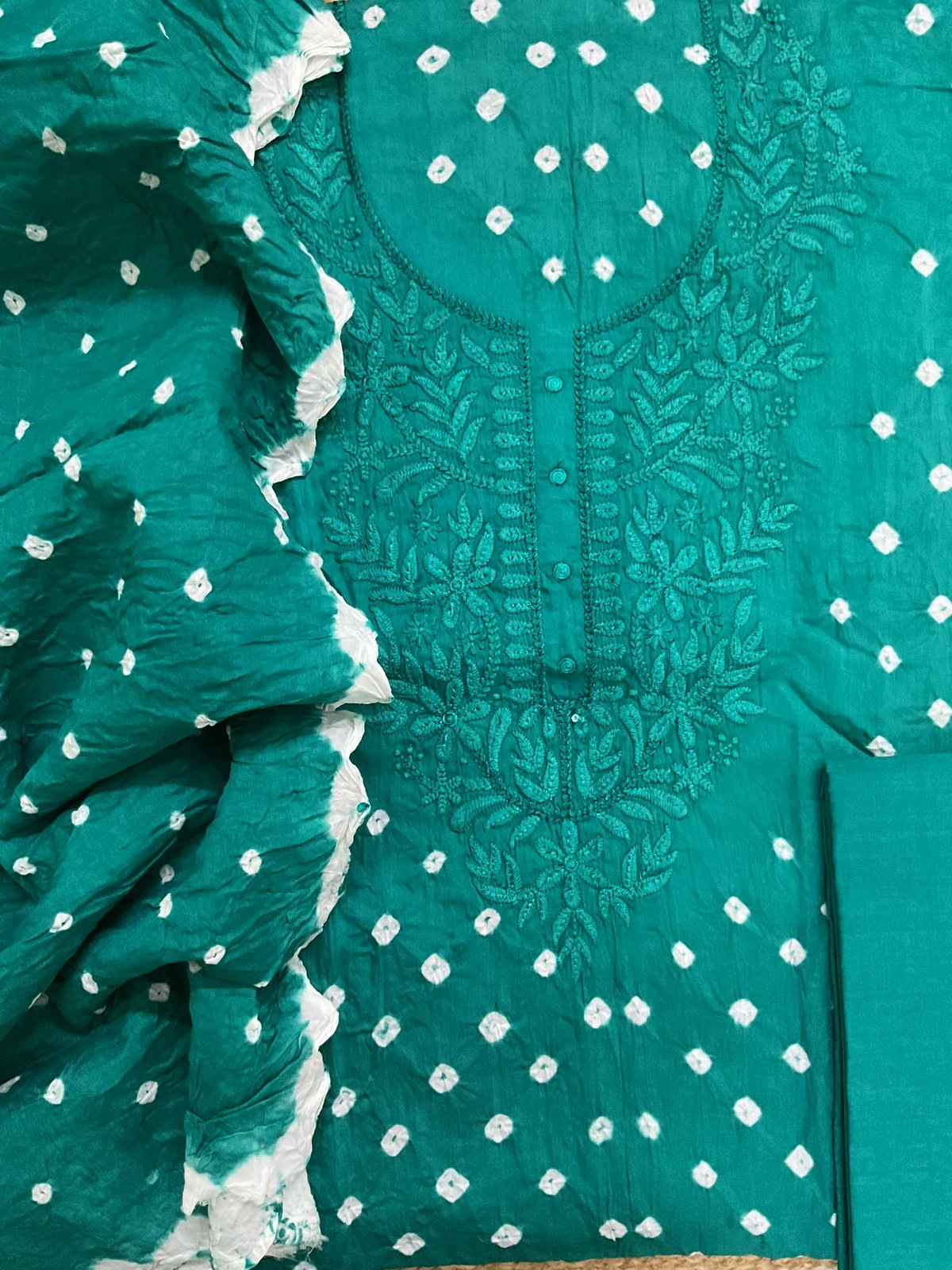 Pure Jaam Cotton Bandhani Printed Embroidered Suit - Green