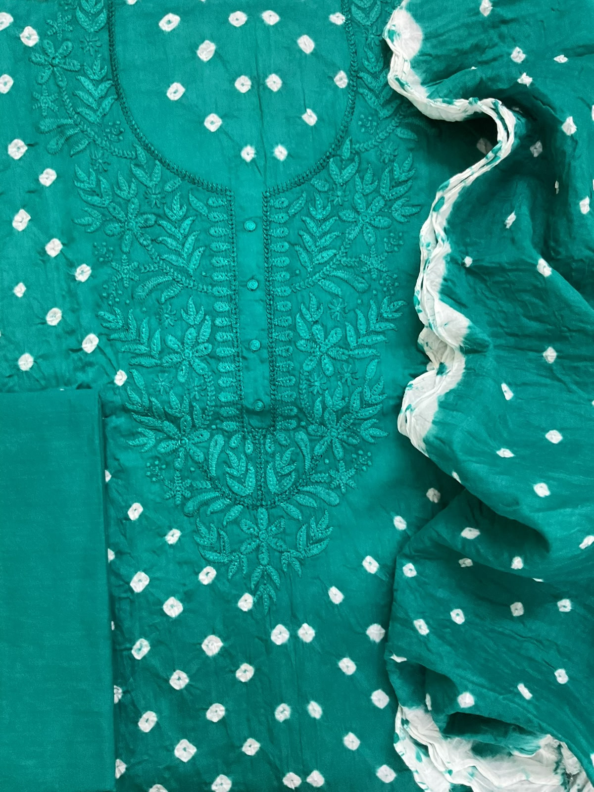 Pure Jaam Cotton Bandhani Printed Embroidered Suit - Green