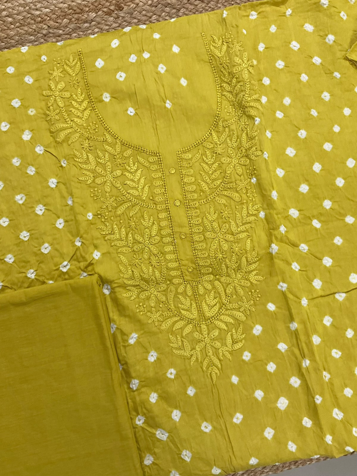 Pure Jaam Cotton Bandhani Printed Embroidered Suit - Lime