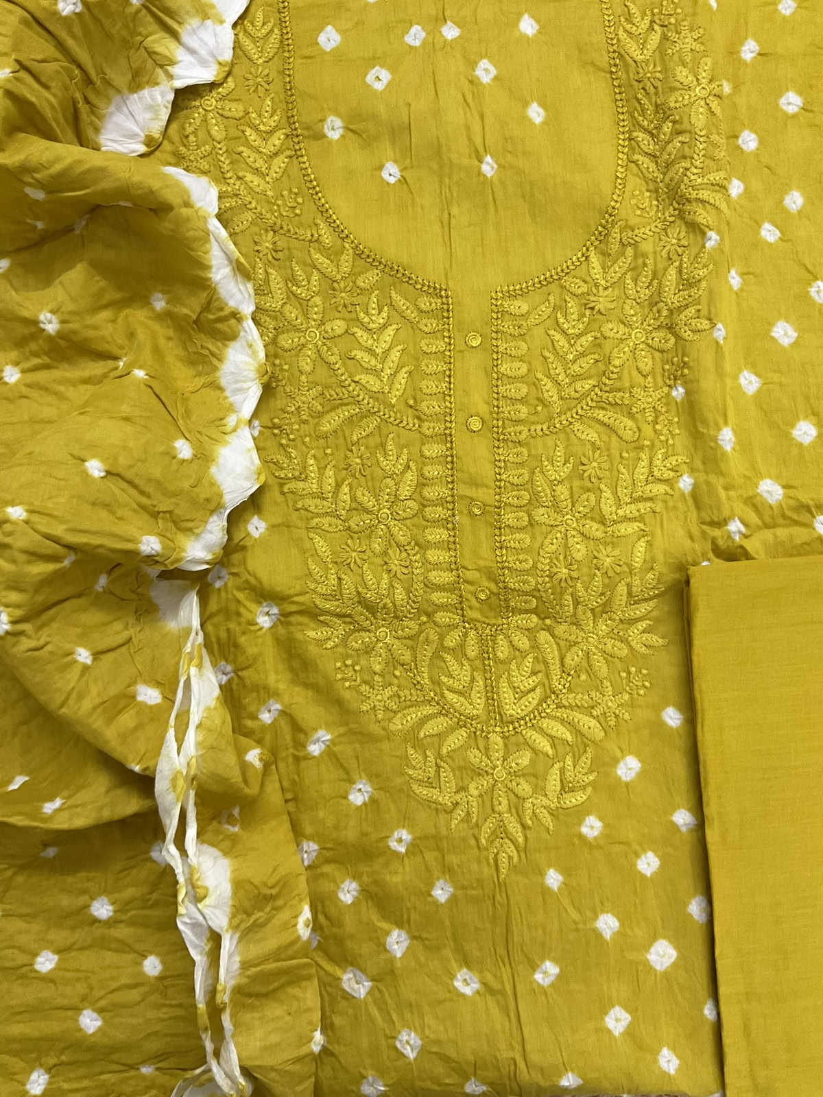 Pure Jaam Cotton Bandhani Printed Embroidered Suit - Lime